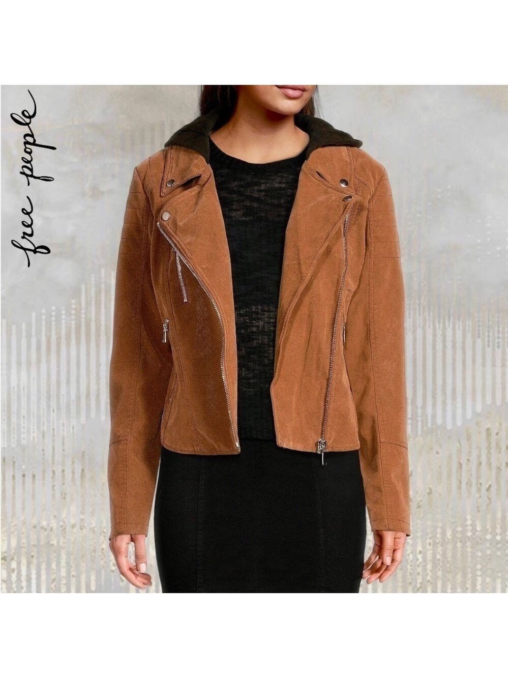 FREE PEOPLE NWT Harriett Moto-Style Brown Vegan Suede, Black Hood Jacket/Md - Picture 7 of 16